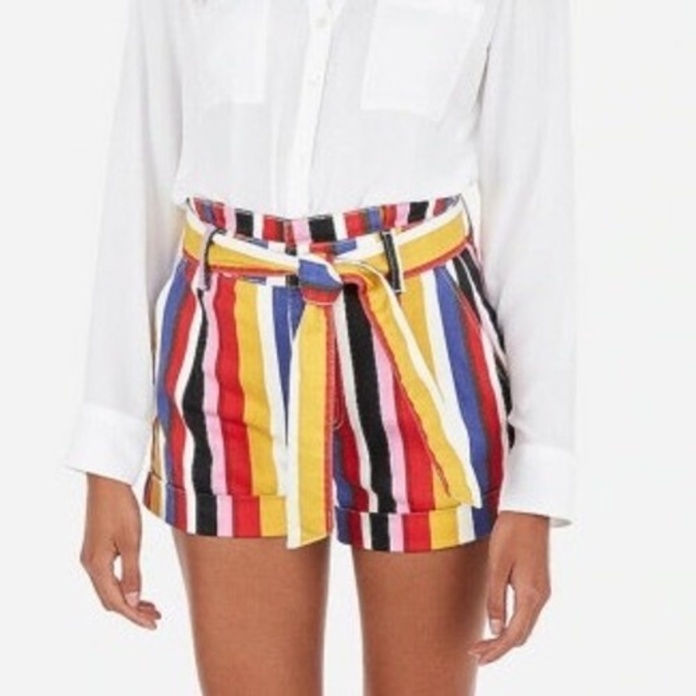 Express Shortie Extreme High Rise Multicolor Striped Paperbag Belted Shorts Sz 4